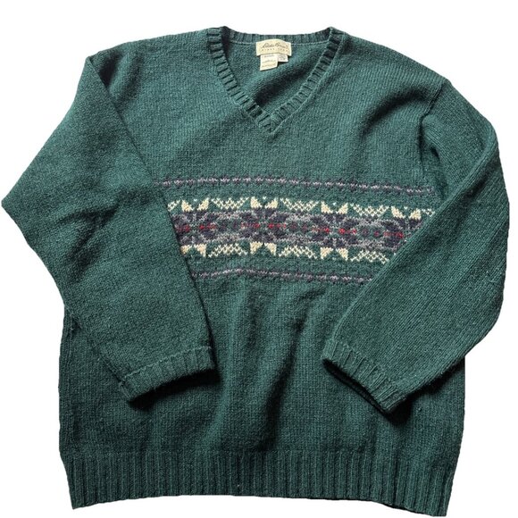 Eddie Bauer Green Wool Holiday Sweater Size Large V-neck Made In The USA Vtg - Picture 1 of 5
